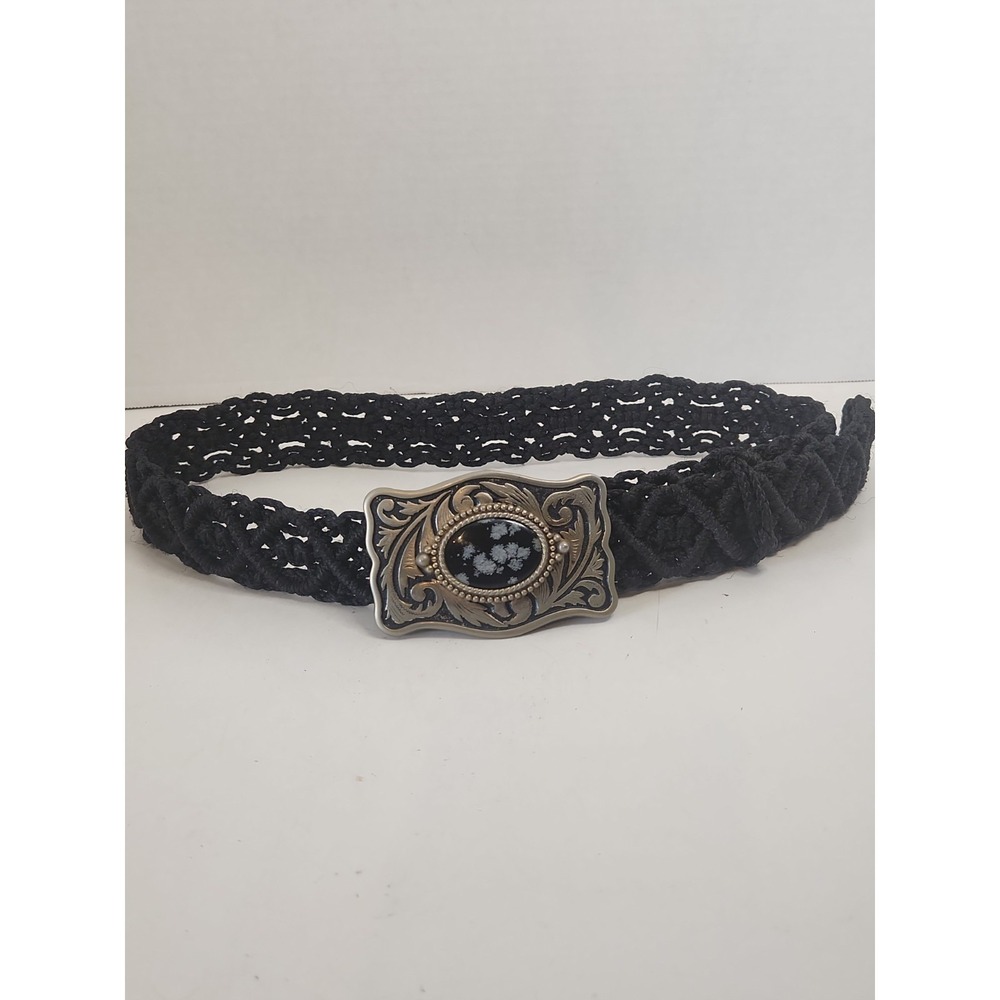 Vtg 70s Black Macrame Belt W/ Goldtone Western Buckle  Snowflake Obsidian Center